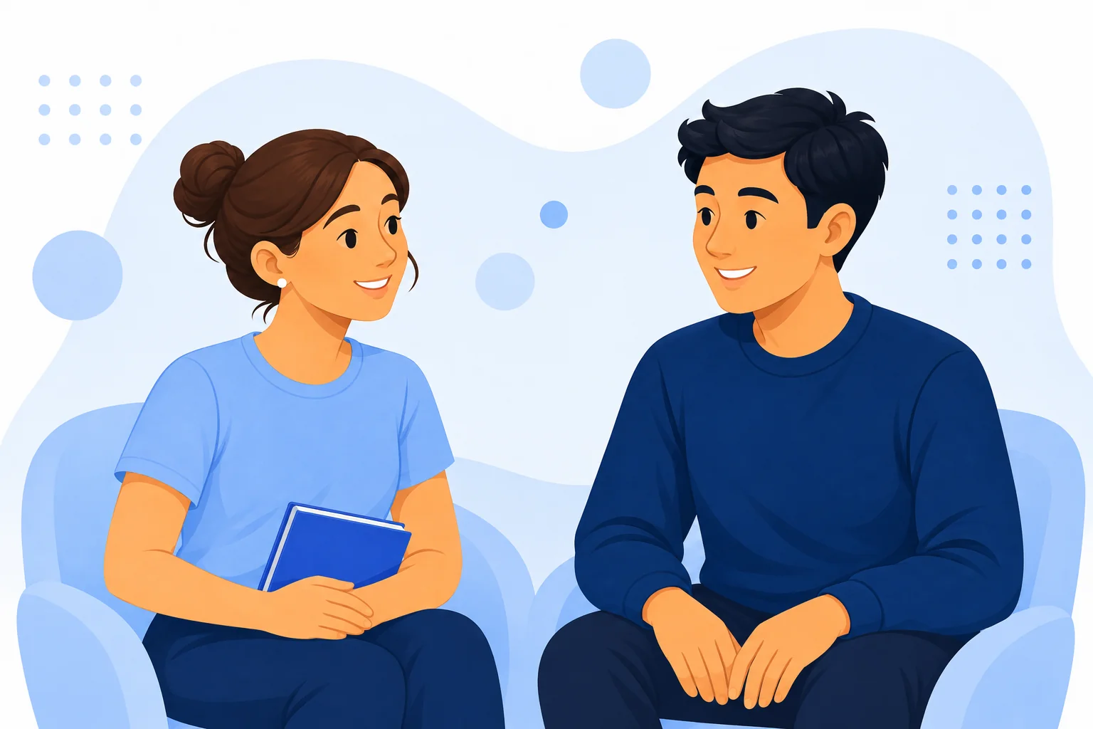 Illustration of two adult learners sitting together, one holding a notebook