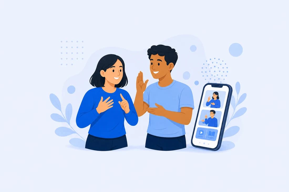 Illustration of two people signing to each other in Auslan, with a phone showing signed video lessons beside them